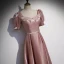 Elegant Dusky Pink Satin Prom Dresses 2021 A-Line / Princess Square Neckline Pearl Sash Short Sleeve Backless Floor-Length / Long Prom Formal Dresses