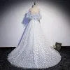 Fashion Sky Blue Flower Fairy Daisy Floral Prom Dresses 2021 A-Line / Princess Spaghetti Straps Short Sleeve Backless Sweep Train Prom Formal Dresses