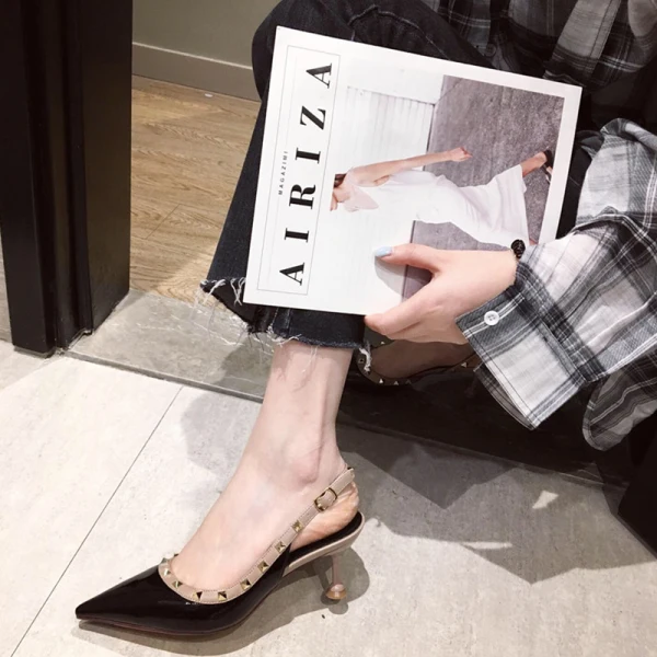 Fashion White Casual Rivet Womens Sandals 2021 Ankle Strap 5 cm Stiletto Heels Pointed Toe Sandals High Heels