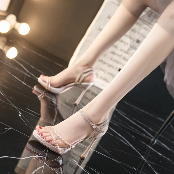 Sexy Champagne Evening Party Rhinestone Womens Sandals 2021 10 cm Stiletto Heels Open / Peep Toe Sandals High Heels