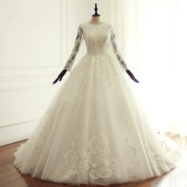 Luxury / Gorgeous Ivory Wedding Dresses 2017 Scoop Neck Long Sleeve Beading Appliques Lace Ruffle Tulle Chapel Train Ball Gown