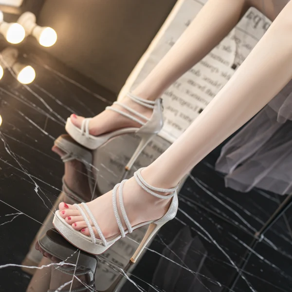 Sexy Noire Soirée Faux Diamant Sandales Femme 2021 Bride Cheville 12 cm Talons Aiguilles Peep Toes / Bout Ouvert Sandales Talons Hauts