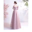 Elegant Dusky Pink Prom Dresses 2021 A-Line / Princess Off-The-Shoulder Glitter Beading Crystal Short Sleeve Backless Floor-Length / Long Prom Formal Dresses