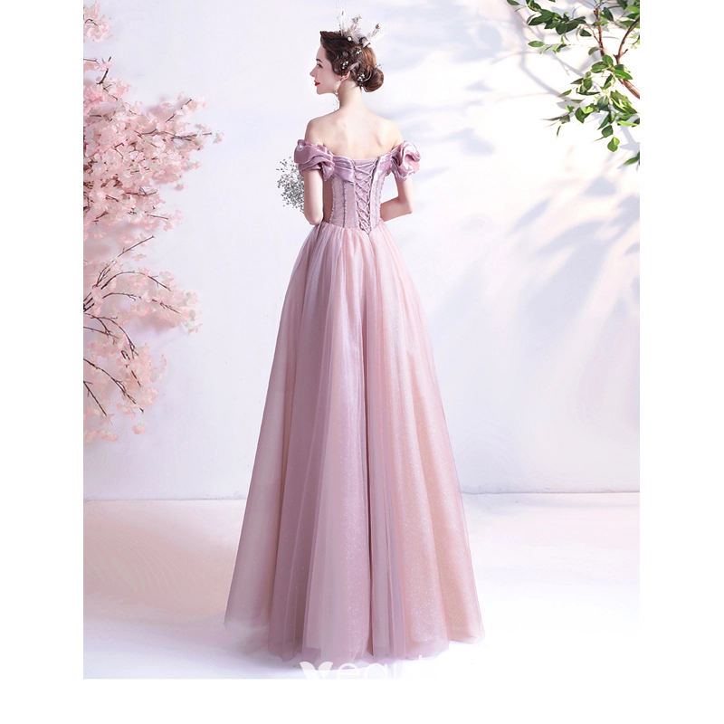 Elegant Dusky Pink Prom Dresses 2021 A Line Princess Off The Shoulder  Glitter Beading Crystal Short Sleeve Backless Floor Length Long Prom Formal  Dresses