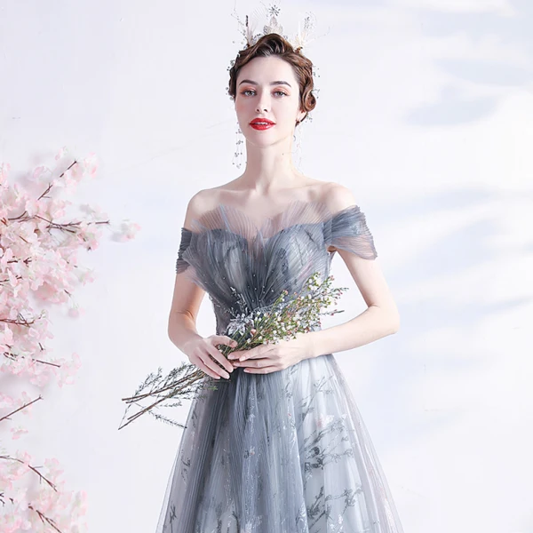 Vintage / Retro Grey Prom Dresses 2021 A-Line / Princess Off-The-Shoulder Beading Crystal Sequins Sleeveless Backless Floor-Length / Long Prom Formal Dresses