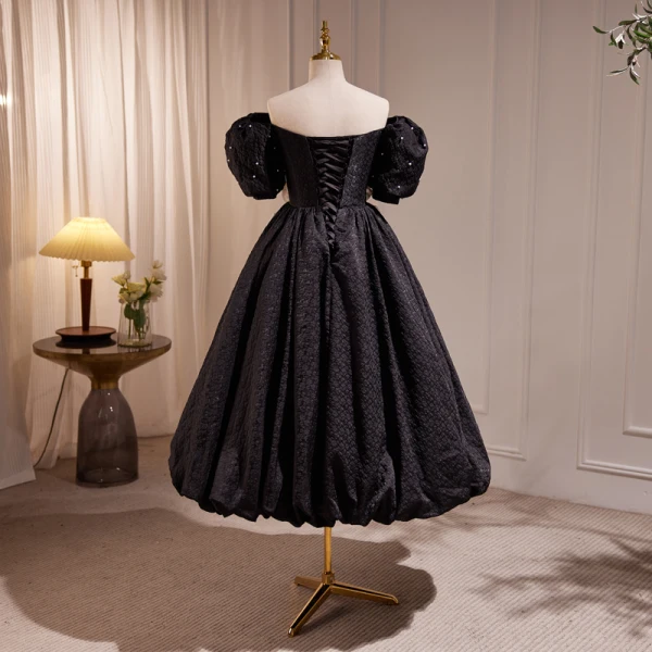 Chic / Beautiful Black Pearl Graduation Dresses 2023 A-Line / Princess Off-The-Shoulder Puffy Short Sleeve Bow Floor-Length / Long Prom Formal Dresses