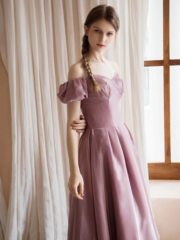 Vintage Lyserød Gallakjoler 2021 Prinsesse Off-The-Shoulder Kort Ærme Halterneck Lange Galla Kjoler