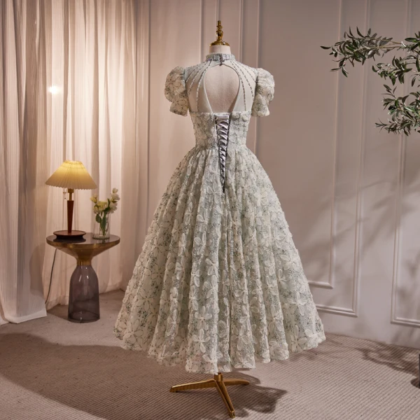 Chic / Beautiful Beading Pearl Sequins Printing Prom Dresses 2023 A-Line / Princess High Neck Floor-Length / Long Backless Short Sleeve Prom Formal Dresses