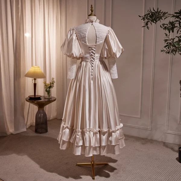 Elegant Champagne Satin Prom Dresses 2023 A-Line / Princess Ruffle High Neck Puffy Short Sleeve Backless Floor-Length / Long Prom Formal Dresses