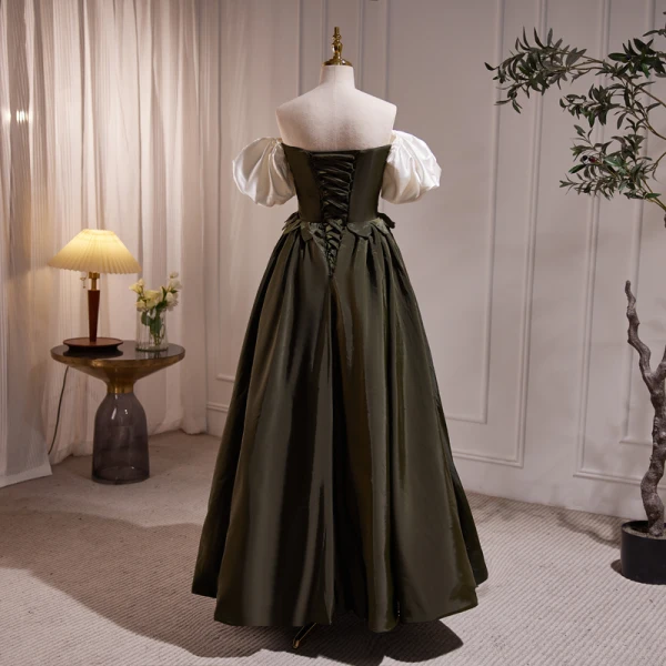 Elegant Clover Green Satin Prom Dresses 2023 A-Line / Princess Off-The-Shoulder Flower Puffy Short Sleeve Backless Floor-Length / Long Prom Formal Dresses
