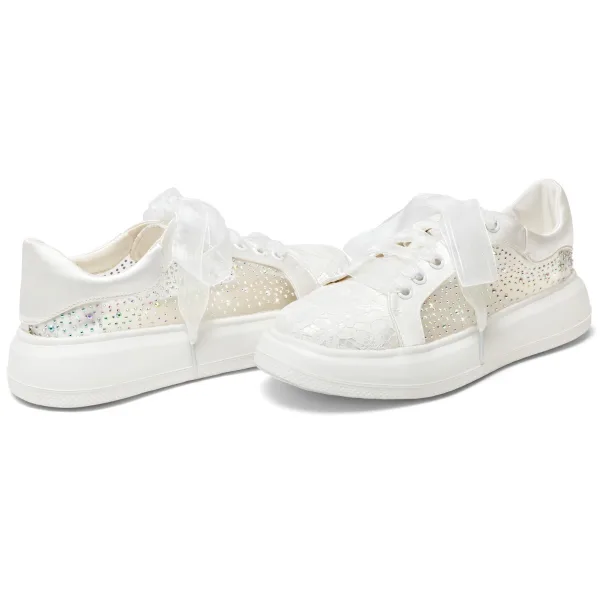 Elegante Ivoor Rhinestone Kant Strik Sportschoenen 2024 4 cm Plateau Ronde Neus Bruidsschoenen