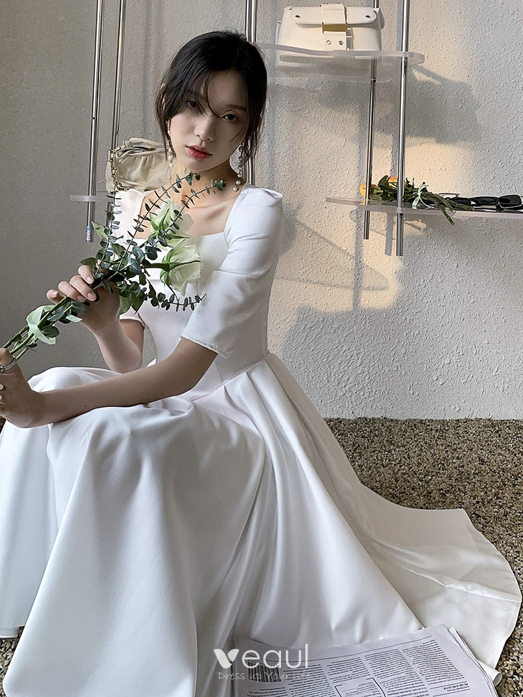 slim fit dress slacks White A Line Strapless Short Satin Graduation Dress with Ruffles – VOS LEE main image 1
