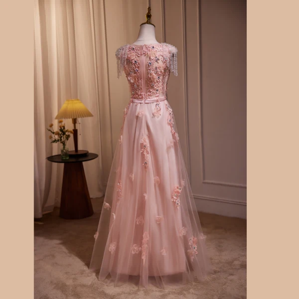 Chic / Beautiful Blushing Pink Beading Appliques Lace Flower Prom Dresses 2024 A-Line / Princess V-Neck Sleeveless Backless Floor-Length / Long Prom Formal Dresses