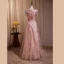 Chic / Beautiful Blushing Pink Beading Appliques Lace Flower Prom Dresses 2024 A-Line / Princess V-Neck Sleeveless Backless Floor-Length / Long Prom Formal Dresses