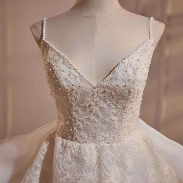 Elegant Beige Pearl Lace Flower Prom Dresses 2024 A-Line / Princess Spaghetti Straps Sleeveless Backless Bow Floor-Length / Long Prom Formal Dresses