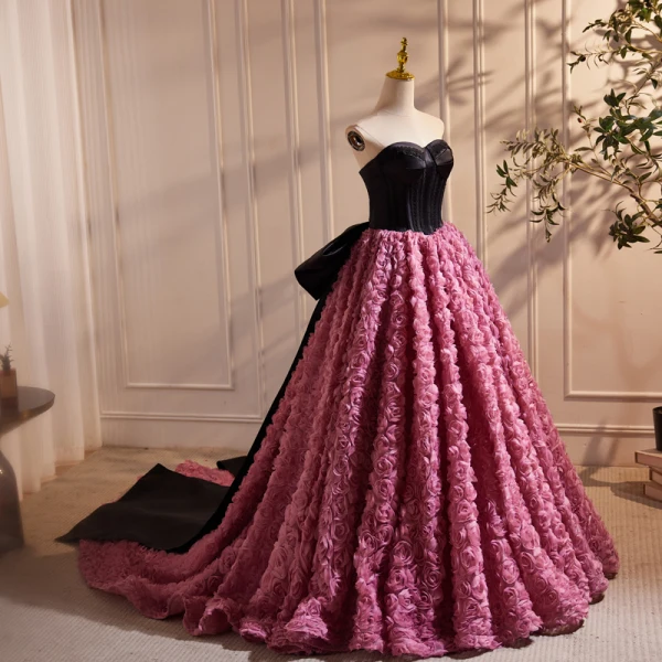 Fashion Fuchsia Ruffle Flower Prom Dresses 2024 Ball Gown Strapless Sleeveless Backless Bow Court Train Prom Formal Dresses