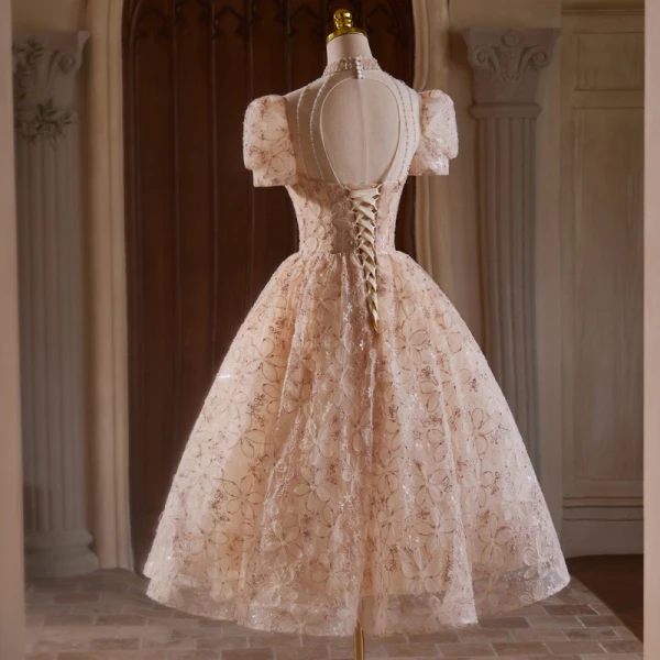 Chic / Beautiful Champagne Beading Pearl Sequins Flower Party Dresses 2024 Ball Gown High Neck Puffy Short Sleeve Backless Tea-length Cocktail Party Evening Party