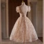 Chic / Beautiful Champagne Beading Pearl Sequins Flower Party Dresses 2024 Ball Gown High Neck Puffy Short Sleeve Backless Tea-length Cocktail Party Evening Party