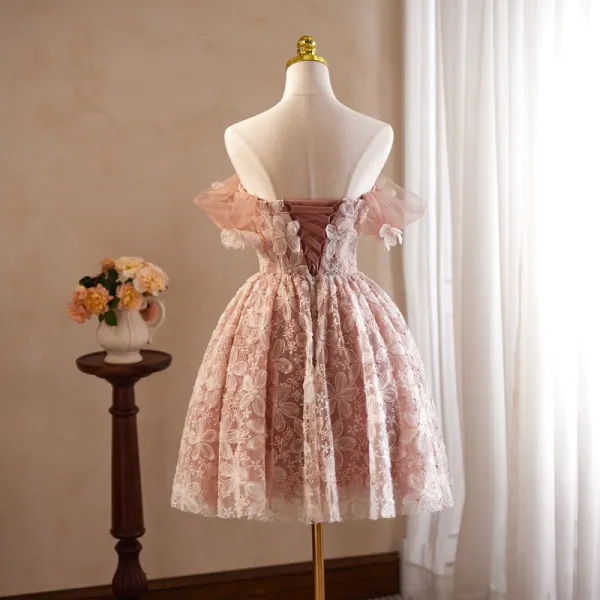 Vintage / Retro Blushing Pink Appliques Birthday Party Dresses 2024 Ball Gown Off-The-Shoulder Short Sleeve Backless Knee-Length Formal Dresses
