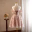 Vintage / Retro Blushing Pink Appliques Birthday Party Dresses 2024 Ball Gown Off-The-Shoulder Short Sleeve Backless Knee-Length Formal Dresses