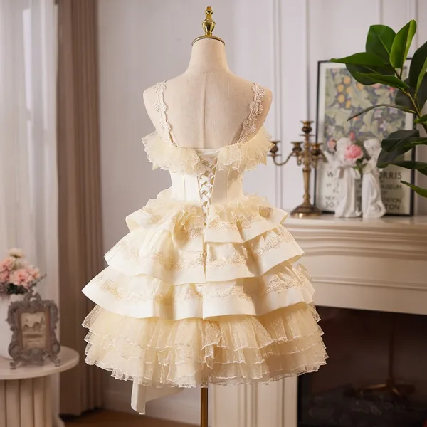 Elegant Champagne Cascading Ruffles Appliques Satin Party Dresses 2024 Ball Gown Spaghetti Straps Sleeveless Backless Knee-Length Formal Dresses