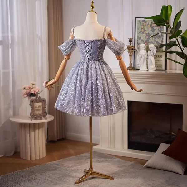 Sexy Lavendel Perlenstickerei Perle Strass Pailletten Kurze Partykleider 2024 A Linie Spaghettiträger Ärmellos Rückenfreies Tülle Festliche Kleider