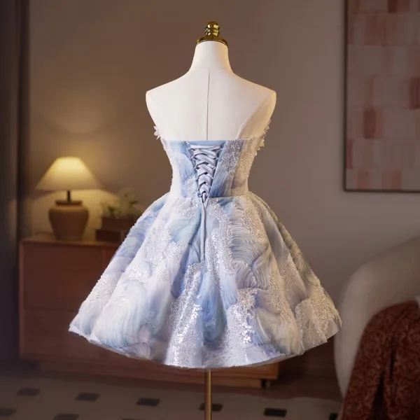 Charming Sexy Sky Blue Beading Pearl Sequins Appliques Short Party Dresses 2025 Ball Gown Strapless Sleeveless Backless Cocktail Party Evening Party