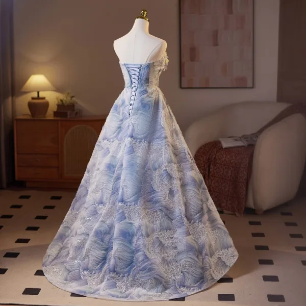 Märchen Himmelblau Perlenstickerei Applikationen Perle Pailletten Ballkleider 2025 Ballkleid Bandeau Ärmellos Rückenfreies Lange Ball Festliche Kleider