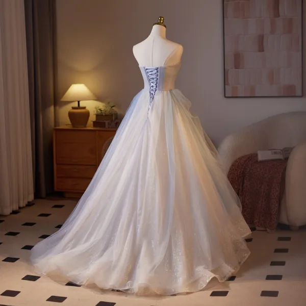 Chic / Beautiful Sky Blue Beading Pearl Sequins Prom Dresses 2025 Ball Gown Strapless Sleeveless Backless Floor-Length / Long Prom Formal Dresses