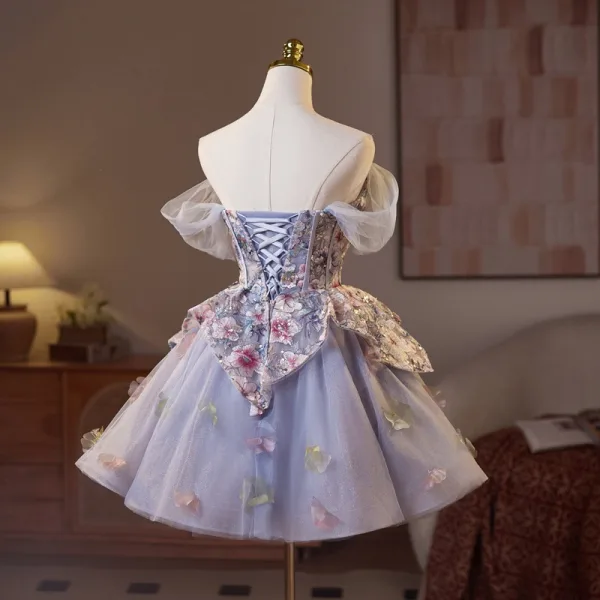 Sexy Lavender Appliques Beading Lace Flower Pearl Sequins Short Party Dresses 2025 Ball Gown Off-The-Shoulder Short Sleeve Backless Cocktail Party