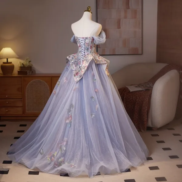 Flower Fairy Lavender Beading Lace Flower Pearl Sequins Prom Dresses 2025 Ball Gown Off-The-Shoulder Short Sleeve Backless Floor-Length / Long Prom Formal Dresses