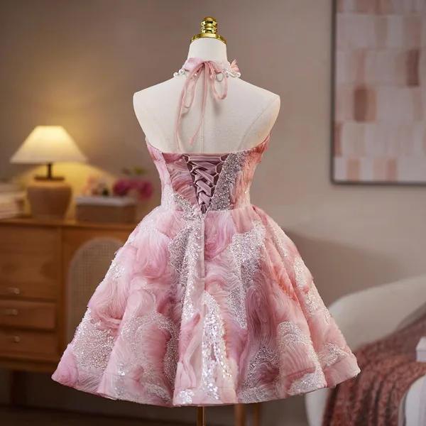 Sexy Blushing Pink Beading Pearl Sequins Appliques Short Party Dresses 2025 A-Line / Princess Strapless Sleeveless Backless Cocktail Party Evening Party Formal Dresses