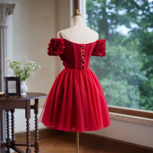 Chic / Beautiful Red Appliques Short Prom Dresses 2024 Ball Gown Off-The-Shoulder Short Sleeve Backless Prom Formal Dresses