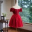 Chic / Beautiful Red Appliques Short Prom Dresses 2024 Ball Gown Off-The-Shoulder Short Sleeve Backless Prom Formal Dresses