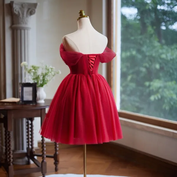 Chic / Beautiful Red Beading Short Prom Dresses 2024 Ball Gown Off-The-Shoulder Short Sleeve Backless Prom Formal Dresses