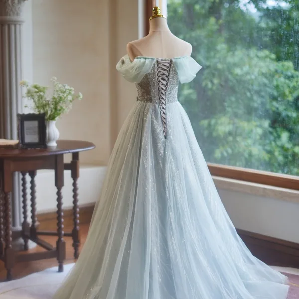 Charming Sage Green Beading Pearl Appliques Prom Dresses 2024 Ball Gown Off-The-Shoulder Short Sleeve Backless Floor-Length / Long Prom Formal Dresses