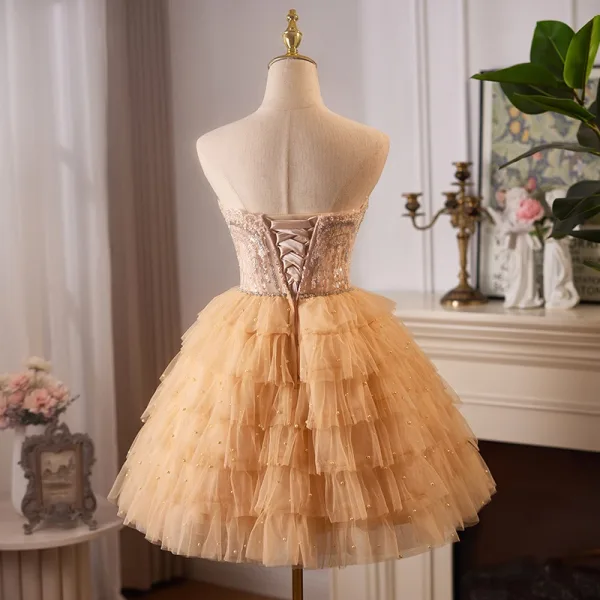 Sexy Gold Beading Sequins Cascading Ruffles Short Prom Dresses Party Dresses 2024 Ball Gown Strapless Sleeveless Backless Prom Party Dresses