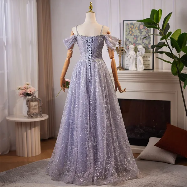 Bling Bling Lavender Beading Rhinestone Sequins Prom Dresses 2024 Ball Gown Off-The-Shoulder Short Sleeve Backless Floor-Length / Long Prom Formal Dresses