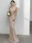 Glitzernden Sexy Champagner Pailletten Abendkleider 2021 Meerjungfrau Spaghettiträger Perlenstickerei Ärmellos Rückenfreies Lange Abend Festliche Kleider