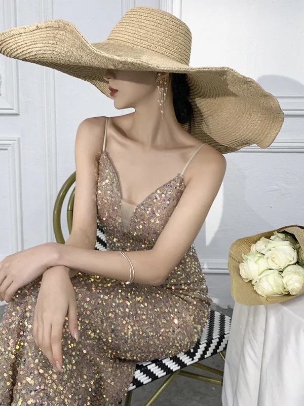 Sexy Glitzernden Gold Perlenstickerei Pailletten Abendkleider 2021 Meerjungfrau Spaghettiträger Ärmellos Rückenfreies Lange Abend Festliche Kleider