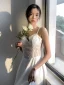 Schlicht Ivory / Creme Spitze Blumen Strand Brautkleider / Hochzeitskleider 2021 A Linie Spaghettiträger Ärmellos Rückenfreies Wadenlang Hochzeit