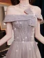 Charmant Lavendel Violett Abendkleider 2021 A Linie Schleife Off Shoulder Perlenstickerei Strass Pailletten Kurze Ärmel Rückenfreies Lange Abend Festliche Kleider