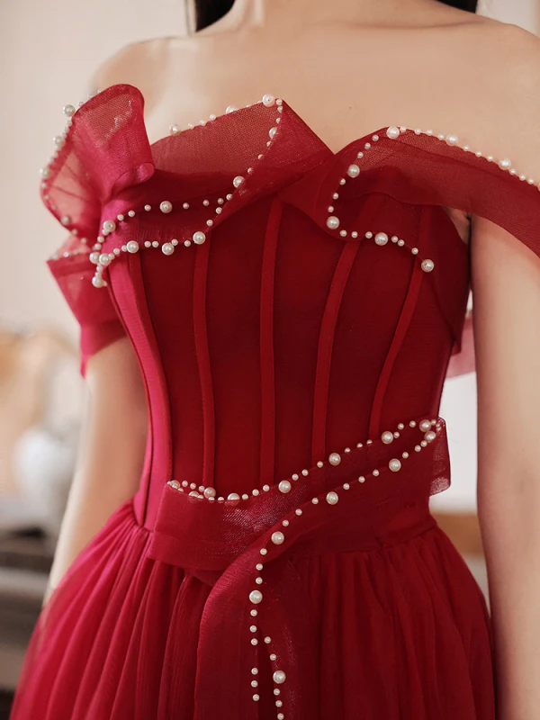 Fashion Burgundy Evening Dresses  Prom Dresses 2021 A-Line / Princess Ruffle Pearl Off-The-Shoulder Sleeveless Backless Floor-Length / Long Prom Formal Dresses