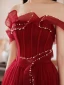 Fashion Burgundy Evening Dresses  Prom Dresses 2021 A-Line / Princess Ruffle Pearl Off-The-Shoulder Sleeveless Backless Floor-Length / Long Prom Formal Dresses