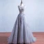 Elegant Grey Prom Dresses 2017 Appliques Lace Sleeveless Backless Sash Ruffle Tulle Formal Dresses
