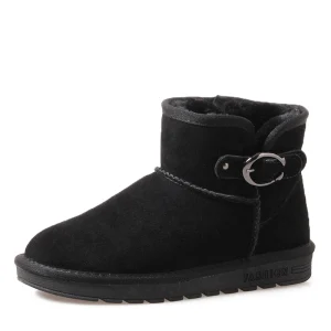 Moderne Mode Chaussures Femmes 2017 Noire Cuir Bottines Daim Boucle Désinvolte Hiver Plate Bottes De Neige