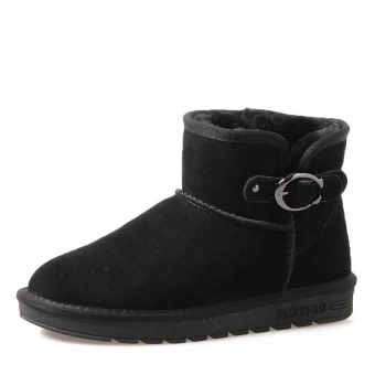 Mode Damskor 2017 Svarta Läder Stövletter Mocka Spänne Casual Vinter Platt Snow Boots