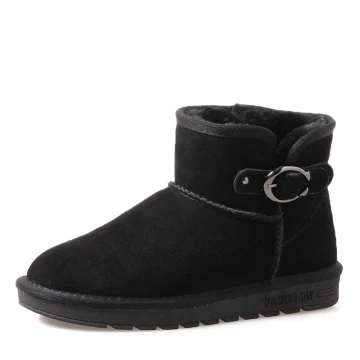Modern Fashion Womens Shoes 2017 Black Leather Ankle Suede Buckle Casual Winter Flat Snow Boots