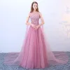 Chic / Beautiful Blushing Pink Prom Dresses 2018 A-Line / Princess Square Neckline Sleeveless Sequins Beading Watteau Train Ruffle Backless Formal Dresses