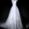Amazing / Unique White Wedding Dresses 2018 A-Line / Princess Off-The-Shoulder Short Sleeve Backless Star Tulle Ruffle Royal Train